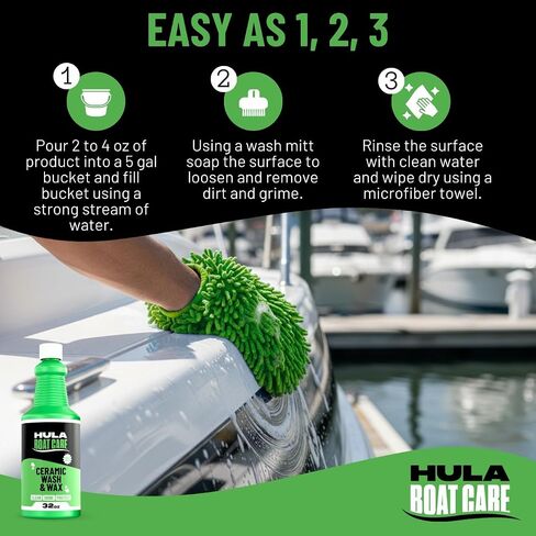 Hula Boat Wash and Wax, 32 oz — Ceramic Boat Soap with UV Protection, pH Neutral, Foam Cannon Ready, Grape Crush Scent, Made in USA in Kuwait