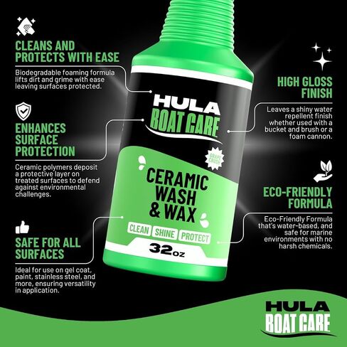 Hula Boat Wash and Wax, 32 oz — Ceramic Boat Soap with UV Protection, pH Neutral, Foam Cannon Ready, Grape Crush Scent, Made in USA in Kuwait