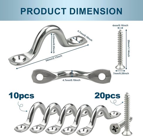 20PCS 304 Stainless Steel Eye Straps, Pad Eye Loops with Screws, Ceiling Wall Mount U Hook Tie Down Rings for Garage, Boat, Kayak, Bimini Top, Marine Hardware (Hook Length 2.13 inch) in Kuwait