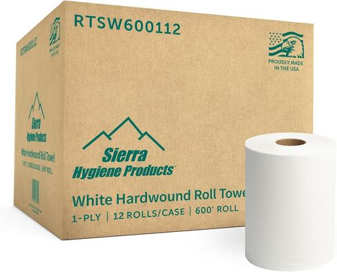 Sierra Hygiene 1-Ply White Roll Towels, 8" x 600’, Hardwound Universal Paper Towel Rolls for Commercial Restrooms, Restaurants, Schools & Offices, Case of 12 Rolls, Made in USA in Kuwait