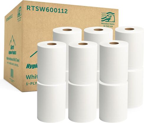 Sierra Hygiene 1-Ply White Roll Towels, 8" x 600’, Hardwound Universal Paper Towel Rolls for Commercial Restrooms, Restaurants, Schools & Offices, Case of 12 Rolls, Made in USA in Kuwait