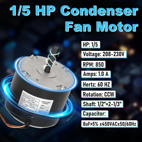 51-102008-03 Fan Motor, 1/5 HP Condenser Fan Motor Replaces Rheem Ruud 51-102008-03 51-102500-04 51-102008-07,1/5 HP 208-230 V 850 RPM 1.0 A, Designed to Work in Rheem, Ruud, Wather King in Kuwait
