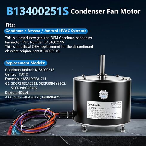 B13400251S، B13400251 محرك مروحة المكثف، محرك مروحة مكثف 1/6 حصان يستبدل Goodman Amana Janitrol B13400251 genteq 3S012 5KCP39BGY926S 5KCP39BGP870S F48A90A76، 208-230V، 1075 دورة في الدقيقة، مع مكثف in Kuwait
