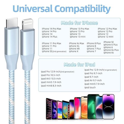 USB C to Lightning Cable 3 Pack 6FT Apple MFi Certified iPhone Fast Charger Fast Charging Type c to Lightning Cable for iPhone 14 13 12 11 Pro Max Xr Xs 8 and More in Kuwait
