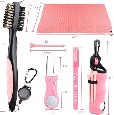 Pink Golf Accessories for Women, Acrylic Paint Ink 16 Pcs Golf Essentials Kit - Golf Club Brush & Golf Towel, Tee & Ball Holder for Bag, Divot Tool & Ball Maker, Golf Club Cleaning Kit - Golf Gifts in Kuwait