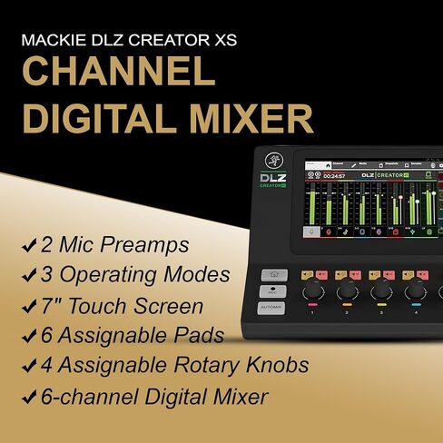 خلاط رقمي مدمج بـ 6 قنوات من Mackie DLZ Creator XS، USB، شاشة لمس 7 بوصة مع حزمة بلوتوث مع 2 سماعات رأس للمزج الاستوديو و4 كابلات XLR in Kuwait