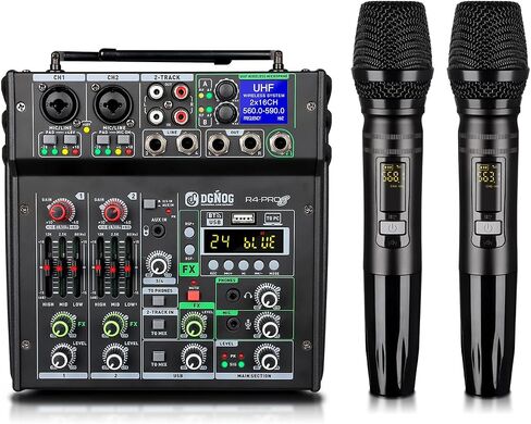 R4-PROS 4 Channel Karaoke Mixer with 2 Wireless Microphones, Bluetooth Audio Mixer Sound Board, Independent Dual Mic Volume Control, USB Mixer for Home KTV, Party, Live Streaming, Podcast in Kuwait