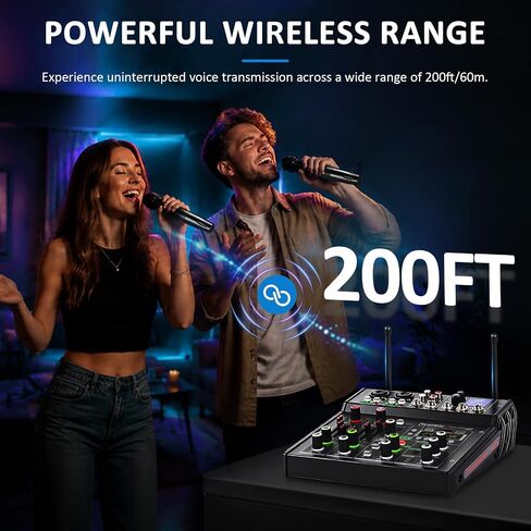 R4-PROS 4 Channel Karaoke Mixer with 2 Wireless Microphones, Bluetooth Audio Mixer Sound Board, Independent Dual Mic Volume Control, USB Mixer for Home KTV, Party, Live Streaming, Podcast in Kuwait