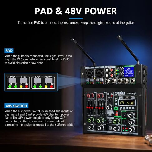 R4-PROS 4 Channel Karaoke Mixer with 2 Wireless Microphones, Bluetooth Audio Mixer Sound Board, Independent Dual Mic Volume Control, USB Mixer for Home KTV, Party, Live Streaming, Podcast in Kuwait
