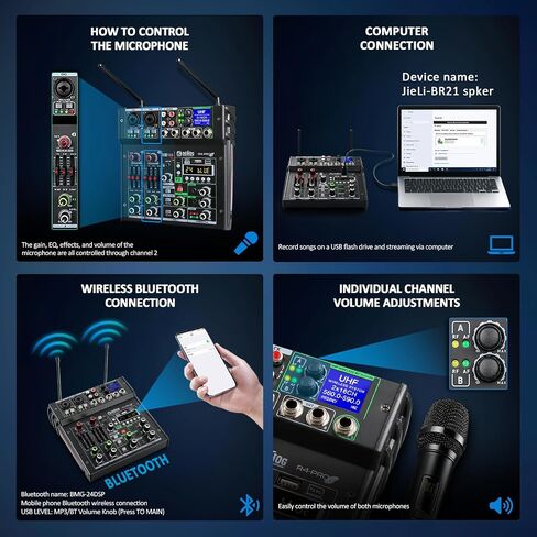 R4-PROS 4 Channel Karaoke Mixer with 2 Wireless Microphones, Bluetooth Audio Mixer Sound Board, Independent Dual Mic Volume Control, USB Mixer for Home KTV, Party, Live Streaming, Podcast in Kuwait