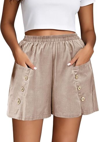 ABABC Womens Casual Shorts Elastic Waist Button Side Pocket Short Lightweight Breathable Summer Short Pants in Kuwait