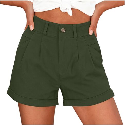 ABABC Summer Shorts for Women High Waisted Pleated Rolled Hem Short Button Closure Loose Casual Summer Short Pants in Kuwait