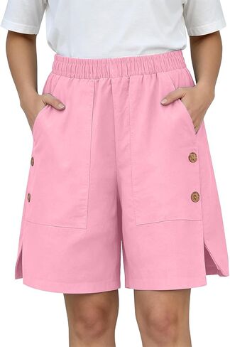 ABABC Shorts for Women Elastic Waist Side Slit Big Pocket Short Button Decor Loose Casual Summer Short Pants in Kuwait