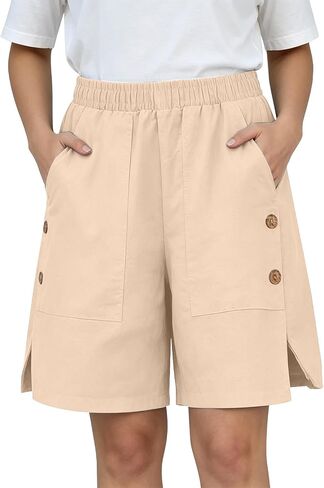 ABABC Shorts for Women Elastic Waist Side Slit Big Pocket Short Button Decor Loose Casual Summer Short Pants in Kuwait