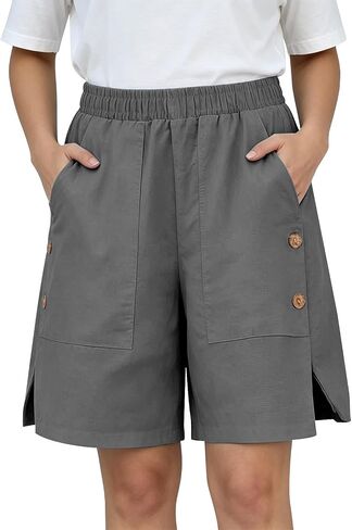 ABABC Shorts for Women Elastic Waist Side Slit Big Pocket Short Button Decor Loose Casual Summer Short Pants in Kuwait