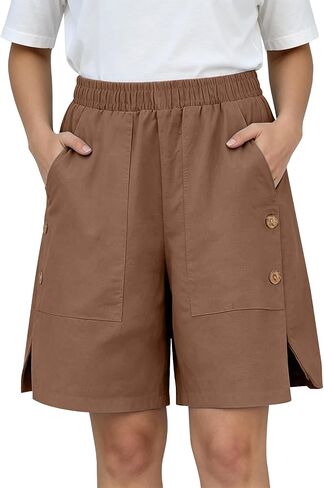 ABABC Shorts for Women Elastic Waist Side Slit Big Pocket Short Button Decor Loose Casual Summer Short Pants in Kuwait