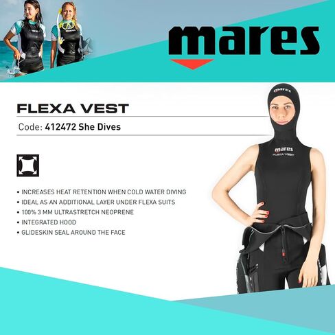 سترة MARES النسائية 3 مم Flexa She Dives بدون أكمام مع غطاء للرأس - 412472 - الرياضات المائية تحت بدلة السباحة من النيوبرين فائق التمدد للغوص في الماء البارد in Kuwait