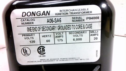 Dongan A06-SA6 Totally Enclosed Ignition Transformer, 120 VAC Primary, 6000 VAC Secondary, 175 VA, 60 Hz, 1 Phase in Kuwait