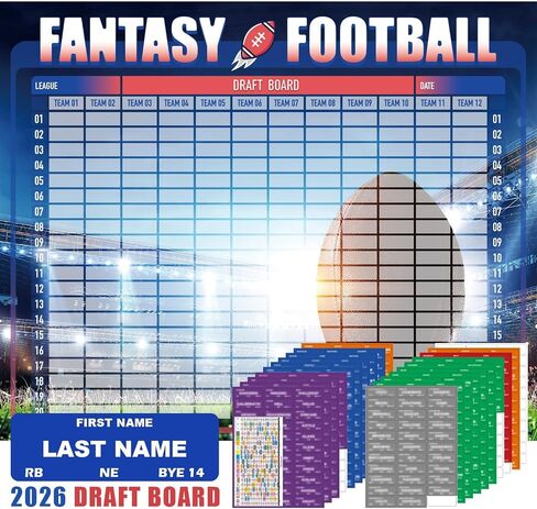 مجموعة Fantasy Football Draft Board 2026-2027 - 12 فريقًا، 20 جولة، أكثر من 600 ملصق لاعب وملصقات فارغة، مبتدئون محدثون وجدول مسودة لحفلات المسودة المباشرة in Kuwait
