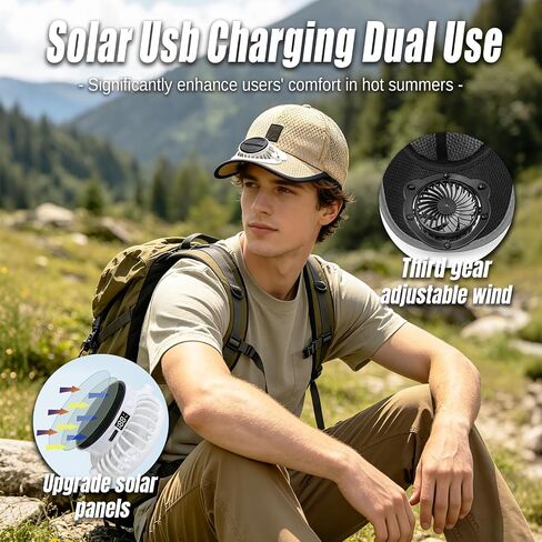 Solar Fan Hat,Mesh Baseball Cap with Built-in Cooling Fan,USB Rechargeable & Solar Powered Wide Brim Sun Hat for Men Women,Breathable Outdoor Cooling Hat for Fishing,Hiking,Camping,Gardening(Khaki) in Kuwait