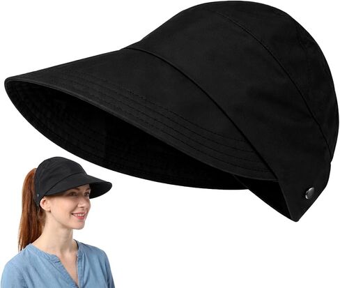 Wide Brim Sun Hat with Mask Hanger, Adjustable Sun Hat for Women, Packable Sunhat with Ponytail Hole for Hiking Fishing Camping Outdoor Activity, UV Protection, Beach and Summer Use Black in Kuwait