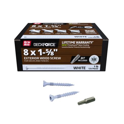 Grip-Rite DeckForce Exterior Wood Screws for Decks and Fences - Nano Coated - T-17 Autopilot Tip - White Deck Screws - #8 x 1-5/8" - 1 Lb Box - GRDF158STWH1 in Kuwait
