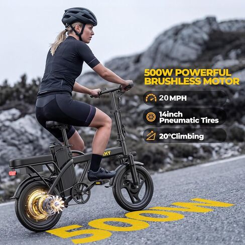 WERHY Electric Bike for Adults, 500W Motor, 20 MPH Max Speed Folding Ebike, 14" Electric Bicycles, Max 20/30 Miles Range (Pedal Assist Mode), Mini E Bikes in Kuwait