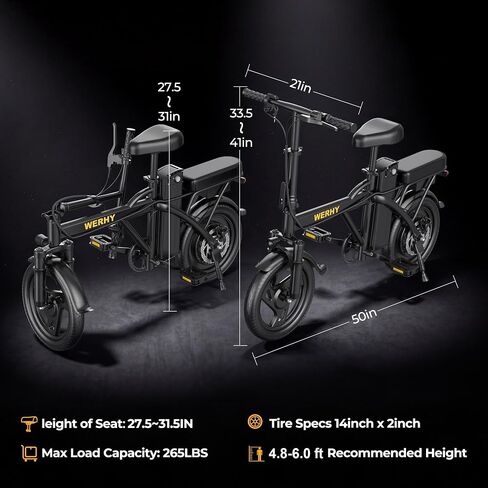 WERHY Electric Bike for Adults, 500W Motor, 20 MPH Max Speed Folding Ebike, 14" Electric Bicycles, Max 20/30 Miles Range (Pedal Assist Mode), Mini E Bikes in Kuwait