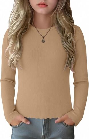 Girls Knit Shirts Casual Slim Fit Scallop Trim Long Sleeve Pullover Tops 2026 Fall Crewneck Undershirt School Outfits in Kuwait