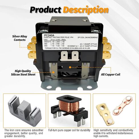 PC240A Two Pole 40 Amp 24 Volt Coil HVAC Contactor, 2P 40 FLA 24V A/C Contactor Double Pole AC Contactor Replacement for Air Conditioner Compressor Condenser Unit Contactors Heat Pump in Saudi Arabia