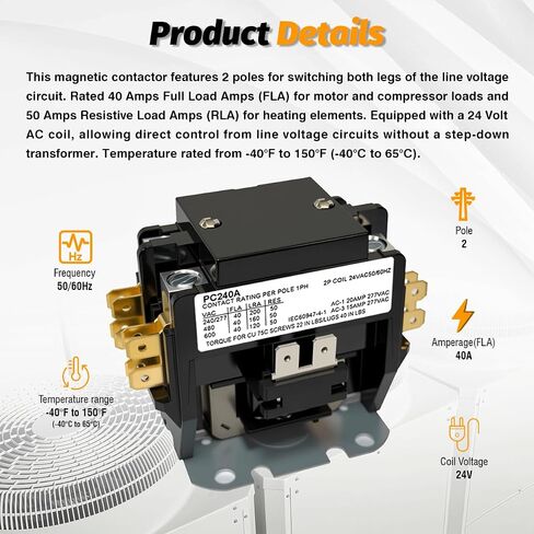PC240A Two Pole 40 Amp 24 Volt Coil HVAC Contactor, 2P 40 FLA 24V A/C Contactor Double Pole AC Contactor Replacement for Air Conditioner Compressor Condenser Unit Contactors Heat Pump in Saudi Arabia
