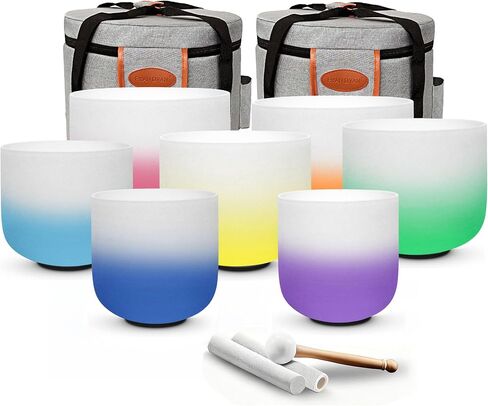 RYAN DVAN 432hz 6-12 Inch Set of 7 Pcs Gradient Design Quartz Crystal Singing Bowl Chakra Set Sound Therapy for Yoga, Reiki, Chakra Healing Energy Tuning & Mindfulness Kit in Kuwait
