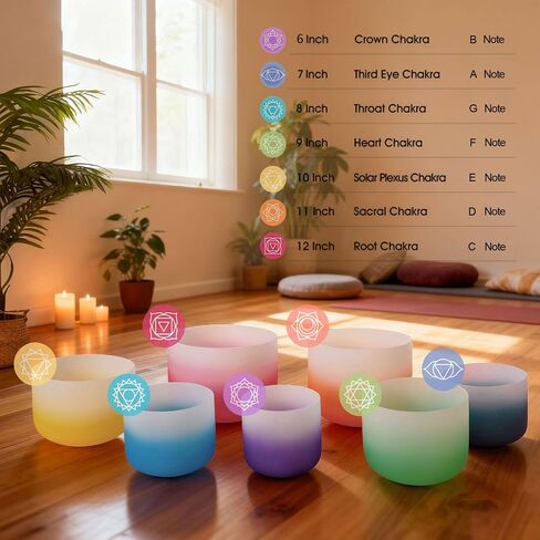 RYAN DVAN 432hz 6-12 Inch Set of 7 Pcs Gradient Design Quartz Crystal Singing Bowl Chakra Set Sound Therapy for Yoga, Reiki, Chakra Healing Energy Tuning & Mindfulness Kit in Kuwait