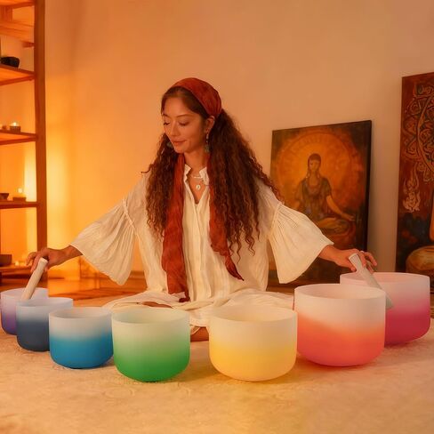 RYAN DVAN 432hz 6-12 Inch Set of 7 Pcs Gradient Design Quartz Crystal Singing Bowl Chakra Set Sound Therapy for Yoga, Reiki, Chakra Healing Energy Tuning & Mindfulness Kit in Kuwait