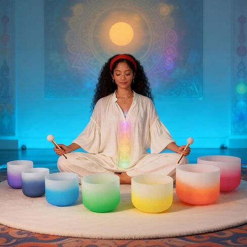 RYAN DVAN 432hz 6-12 Inch Set of 7 Pcs Gradient Design Quartz Crystal Singing Bowl Chakra Set Sound Therapy for Yoga, Reiki, Chakra Healing Energy Tuning & Mindfulness Kit in Kuwait
