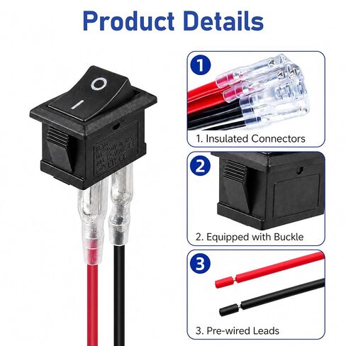 15 حزمة مفتاح تشغيل إيقاف الروك، 2 دبوس SPST مفتاح الطاقة 10A/125V / 6A/250V، مفتاح صغير 12 فولت مدرج في قائمة UL مع أسلاك للسيارات والسيارات وأجهزة الاستريو والقوارب وRVs in Kuwait