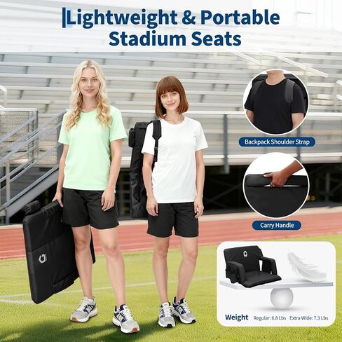 Stadium Seats with Back Support and Padded Cushion - Extra Wide 24.5" Bleacher Chair with Anti-Slip Mat - Reclining Stadium Football Seats - 6 Adjustable Angle, Large Pockets, Cup Holders - Black in Kuwait