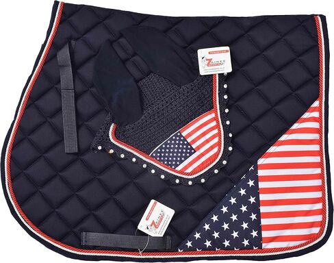 USA Flag Horse Saddle Pad Set with Matching Fly Bonnet – All Purpose English Saddle Pad, Patriotic Horse Gear, 4th of July Equestrian Outfit, Jumping & Training Tack in Kuwait