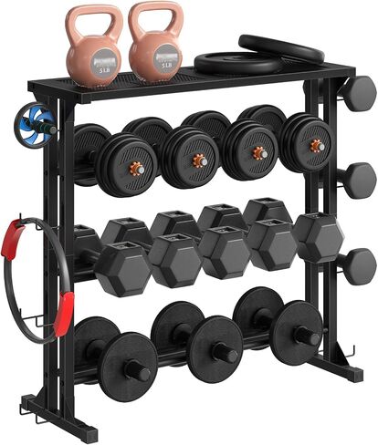 HOOBRO Dumbbell Rack - 4 Tiers Weight Rack for Home Gym, Heavy Duty Weight Storage Racks for Dumbells, Kettlebells, Barbells, Space-Saving Dumbbell Storage Stand Holder with Side Hooks, Black BK87CJ01N1 in Kuwait
