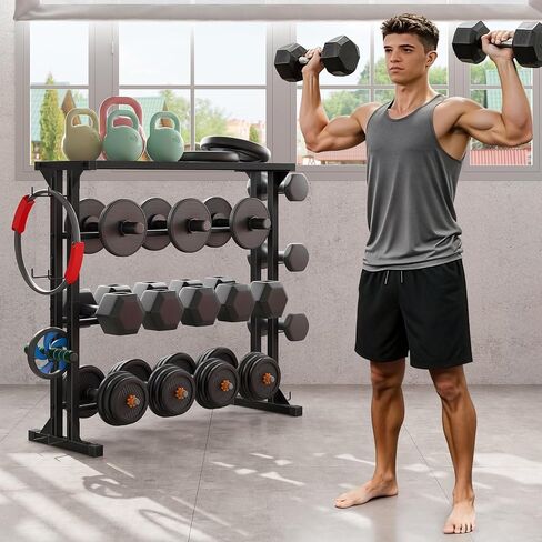 HOOBRO Dumbbell Rack - 4 Tiers Weight Rack for Home Gym, Heavy Duty Weight Storage Racks for Dumbells, Kettlebells, Barbells, Space-Saving Dumbbell Storage Stand Holder with Side Hooks, Black BK87CJ01N1 in Kuwait