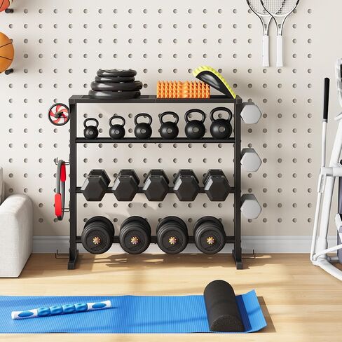 HOOBRO Dumbbell Rack - 4 Tiers Weight Rack for Home Gym, Heavy Duty Weight Storage Racks for Dumbells, Kettlebells, Barbells, Space-Saving Dumbbell Storage Stand Holder with Side Hooks, Black BK87CJ01N1 in Kuwait