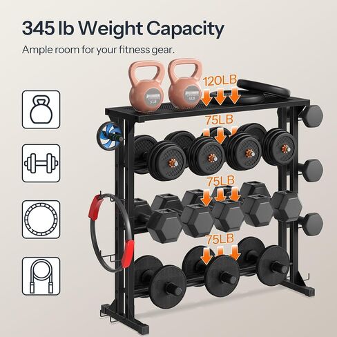 HOOBRO Dumbbell Rack - 4 Tiers Weight Rack for Home Gym, Heavy Duty Weight Storage Racks for Dumbells, Kettlebells, Barbells, Space-Saving Dumbbell Storage Stand Holder with Side Hooks, Black BK87CJ01N1 in Kuwait