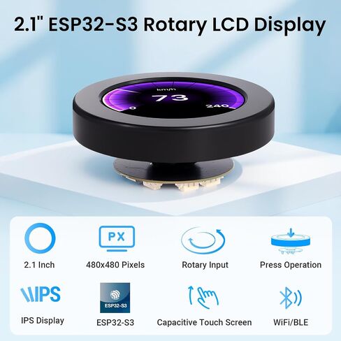 ESP32 شاشة دوارة 480x480-2.1 بوصة HMI IPS مقبض دائري لوحة تطوير تعمل باللمس، 2.4 جيجا واي فاي وشاشة لمس سعوية BLE متوافقة مع Arduino IDE ومكتبة LVGL، أسود in Kuwait
