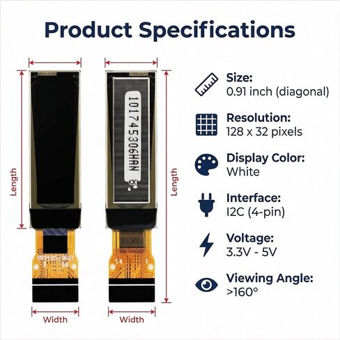 2PCS 0.91 Inch I2C OLED Display Module 128x32 White FPC Screen CH1115 Driver Ultra-Compact DIY Ar duino ESP32 Embedded Projects in Kuwait