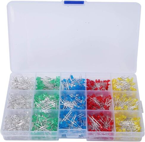 1000Pcs 3mm LED Light Emitting Diodes, Assorted Colors Red Yellow Blue Green White, Low Heat Energy Saving, with Storage, for DIY Projects Science Experiments Car Decorations in Kuwait