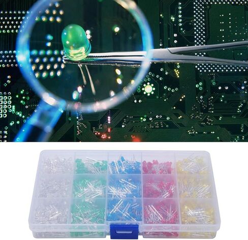 1000Pcs 3mm LED Light Emitting Diodes, Assorted Colors Red Yellow Blue Green White, Low Heat Energy Saving, with Storage, for DIY Projects Science Experiments Car Decorations in Kuwait