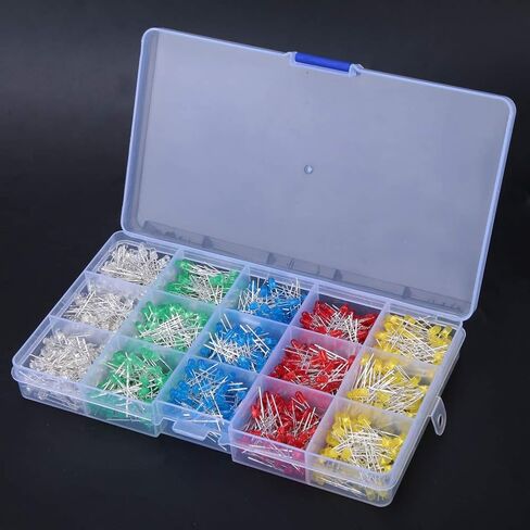 1000Pcs 3mm LED Light Emitting Diodes, Assorted Colors Red Yellow Blue Green White, Low Heat Energy Saving, with Storage, for DIY Projects Science Experiments Car Decorations in Kuwait