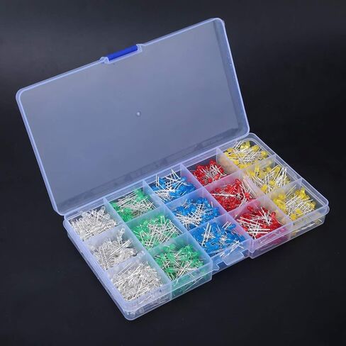 1000Pcs 3mm LED Light Emitting Diodes, Assorted Colors Red Yellow Blue Green White, Low Heat Energy Saving, with Storage, for DIY Projects Science Experiments Car Decorations in Kuwait