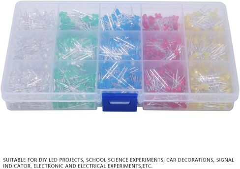 1000Pcs 3mm LED Light Emitting Diodes, Assorted Colors Red Yellow Blue Green White, Low Heat Energy Saving, with Storage, for DIY Projects Science Experiments Car Decorations in Kuwait