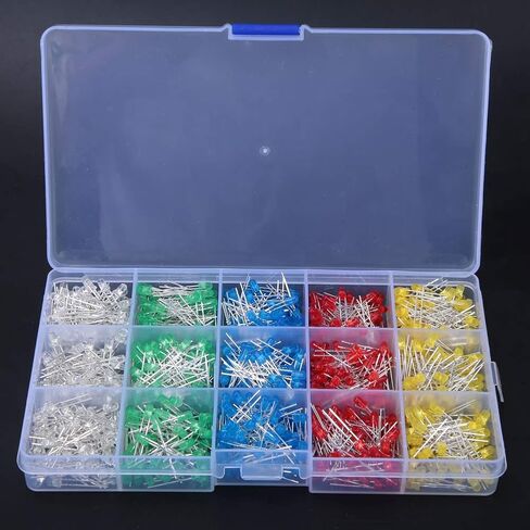 1000Pcs 3mm LED Light Emitting Diodes, Assorted Colors Red Yellow Blue Green White, Low Heat Energy Saving, with Storage, for DIY Projects Science Experiments Car Decorations in Kuwait